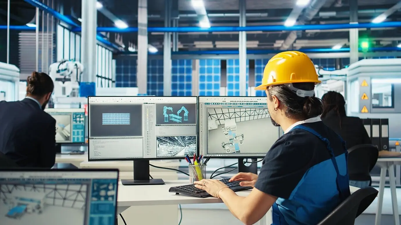 Инженер фотовольтаического завода с помощью компьютера тестирует роботизированные манипуляторы и солнечные панели.