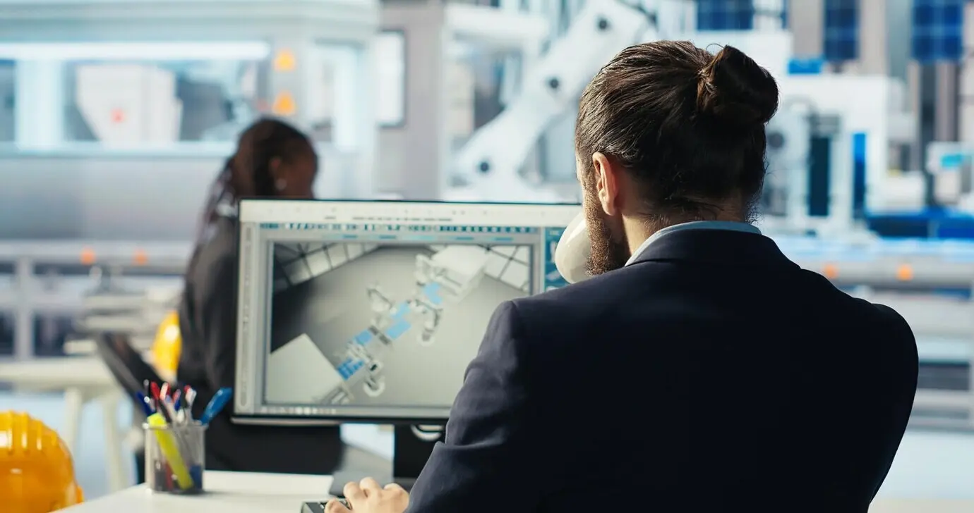 Инженер на фотовольтаическом заводе пьёт кофе за компьютером и проводит диагностику систем.